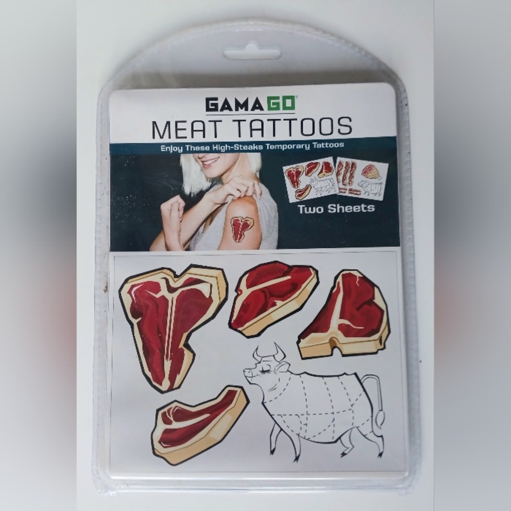 Gamago Meat Steak T-bone  Pork Bacon Temporary Tattoos Set New In Package 2013
